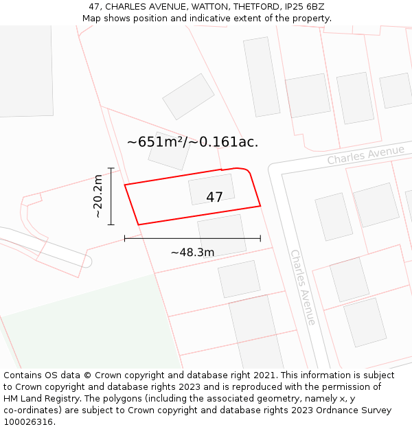 47, CHARLES AVENUE, WATTON, THETFORD, IP25 6BZ: Plot and title map