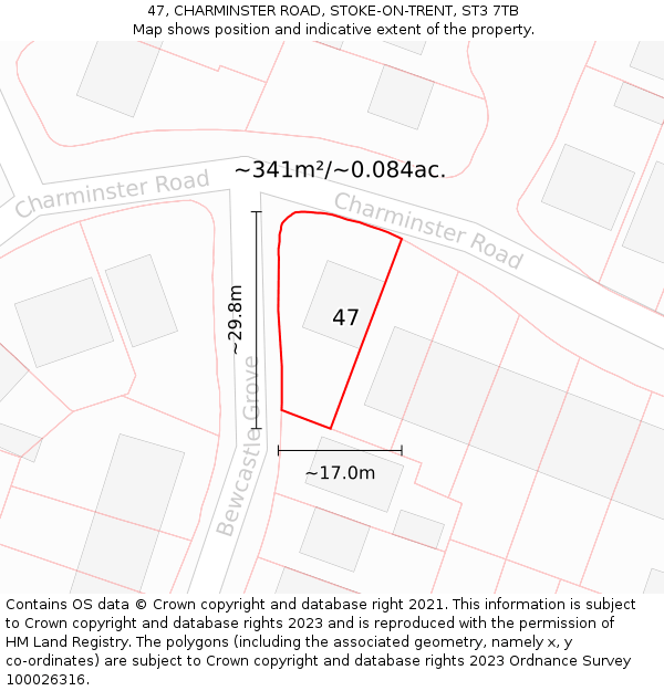 47, CHARMINSTER ROAD, STOKE-ON-TRENT, ST3 7TB: Plot and title map