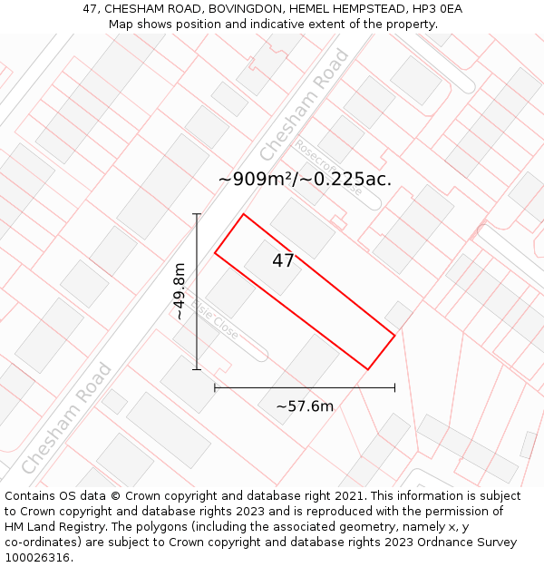 47, CHESHAM ROAD, BOVINGDON, HEMEL HEMPSTEAD, HP3 0EA: Plot and title map