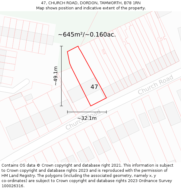 47, CHURCH ROAD, DORDON, TAMWORTH, B78 1RN: Plot and title map