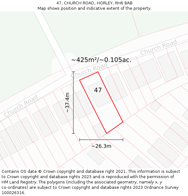 47, CHURCH ROAD, HORLEY, RH6 8AB: Plot and title map