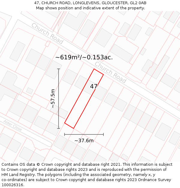 47, CHURCH ROAD, LONGLEVENS, GLOUCESTER, GL2 0AB: Plot and title map