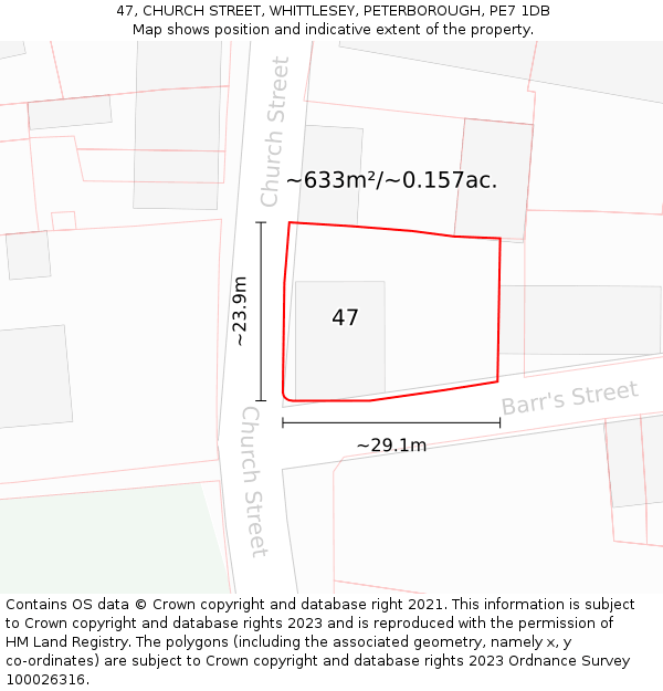 47, CHURCH STREET, WHITTLESEY, PETERBOROUGH, PE7 1DB: Plot and title map