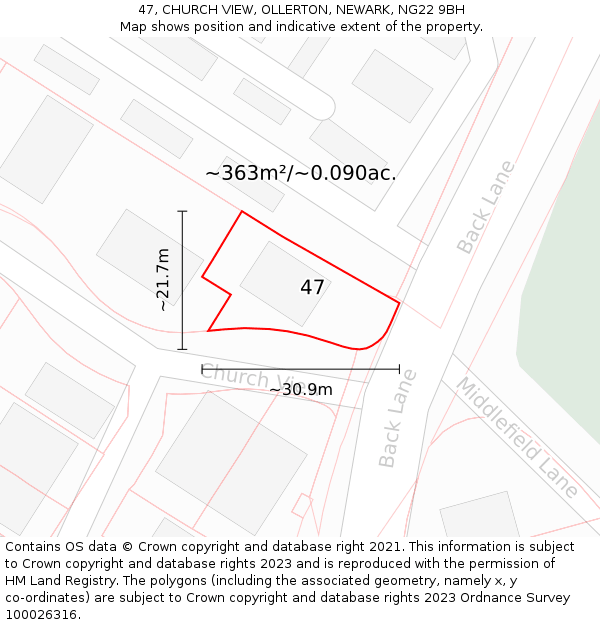 47, CHURCH VIEW, OLLERTON, NEWARK, NG22 9BH: Plot and title map