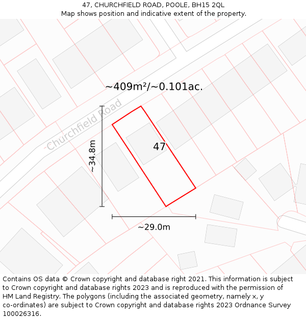 47, CHURCHFIELD ROAD, POOLE, BH15 2QL: Plot and title map