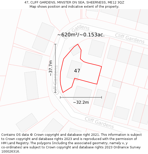 47, CLIFF GARDENS, MINSTER ON SEA, SHEERNESS, ME12 3QZ: Plot and title map