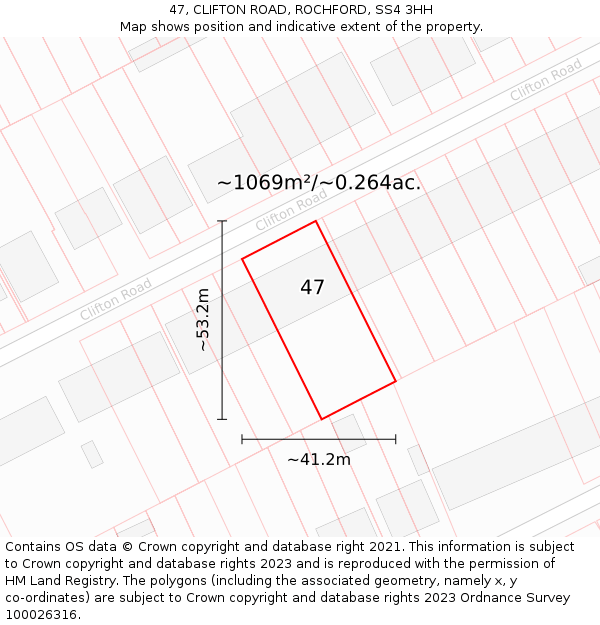 47, CLIFTON ROAD, ROCHFORD, SS4 3HH: Plot and title map