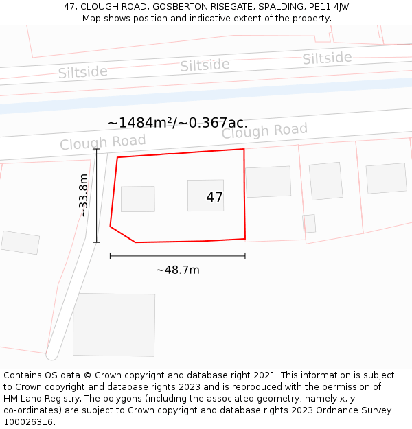 47, CLOUGH ROAD, GOSBERTON RISEGATE, SPALDING, PE11 4JW: Plot and title map