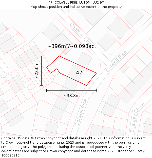 47, COLWELL RISE, LUTON, LU2 9TJ: Plot and title map