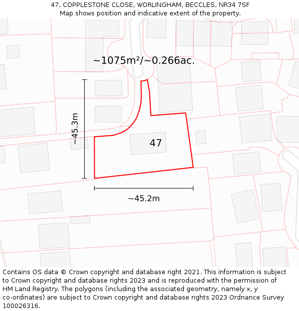 47, COPPLESTONE CLOSE, WORLINGHAM, BECCLES, NR34 7SF: Plot and title map