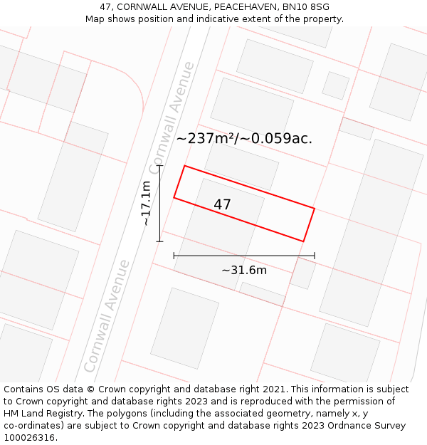 47, CORNWALL AVENUE, PEACEHAVEN, BN10 8SG: Plot and title map