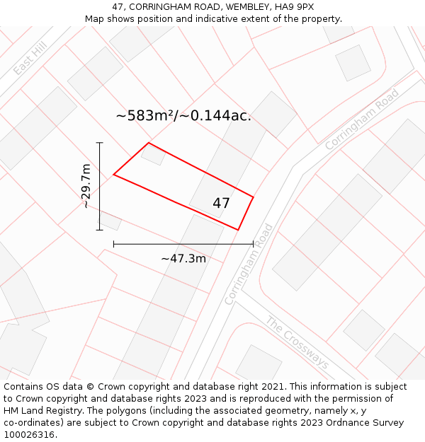 47, CORRINGHAM ROAD, WEMBLEY, HA9 9PX: Plot and title map