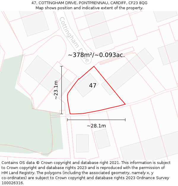 47, COTTINGHAM DRIVE, PONTPRENNAU, CARDIFF, CF23 8QG: Plot and title map