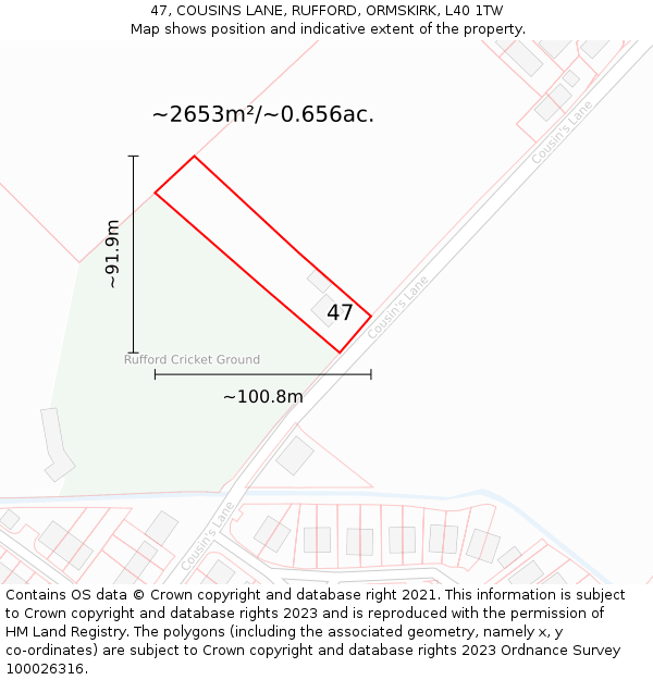 47, COUSINS LANE, RUFFORD, ORMSKIRK, L40 1TW: Plot and title map