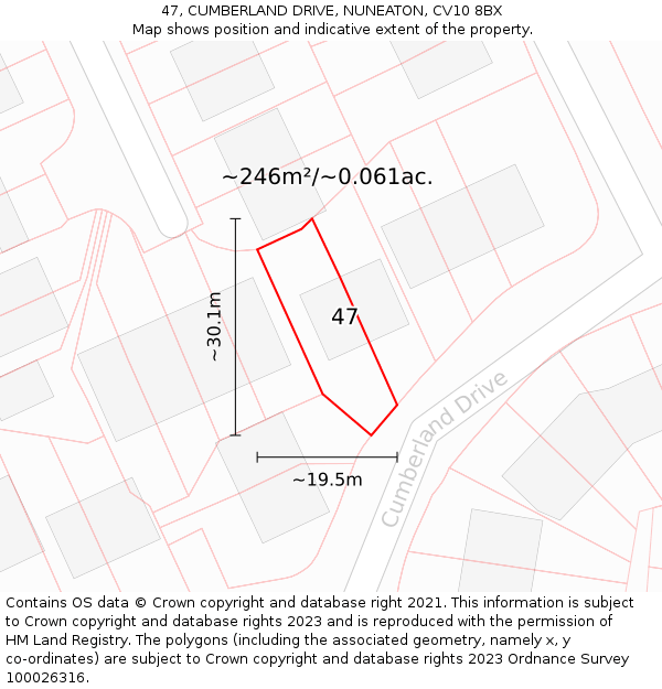 47, CUMBERLAND DRIVE, NUNEATON, CV10 8BX: Plot and title map