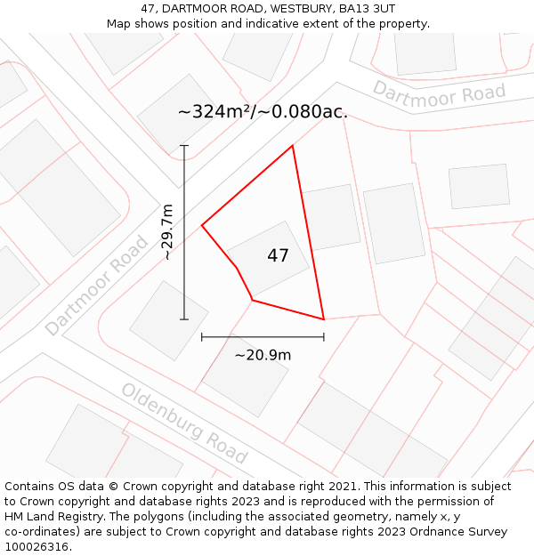 47, DARTMOOR ROAD, WESTBURY, BA13 3UT: Plot and title map