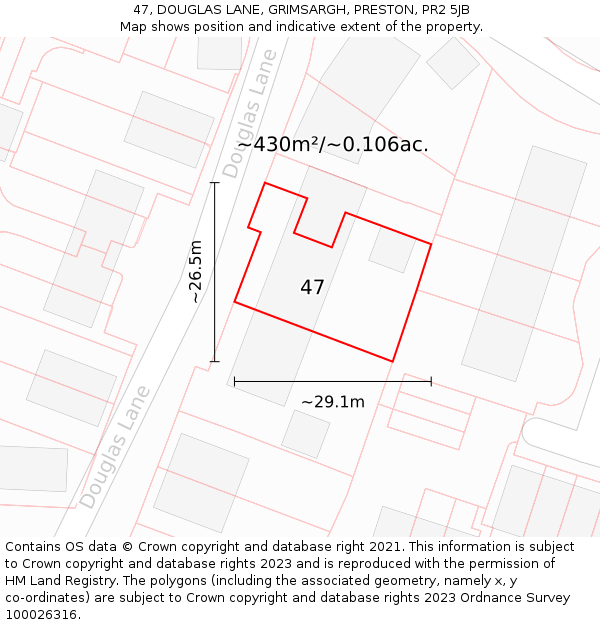 47, DOUGLAS LANE, GRIMSARGH, PRESTON, PR2 5JB: Plot and title map