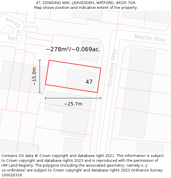 47, DOWDING WAY, LEAVESDEN, WATFORD, WD25 7GA: Plot and title map