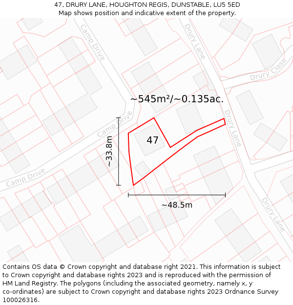 47, DRURY LANE, HOUGHTON REGIS, DUNSTABLE, LU5 5ED: Plot and title map