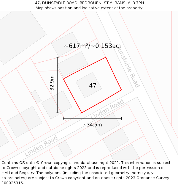 47, DUNSTABLE ROAD, REDBOURN, ST ALBANS, AL3 7PN: Plot and title map