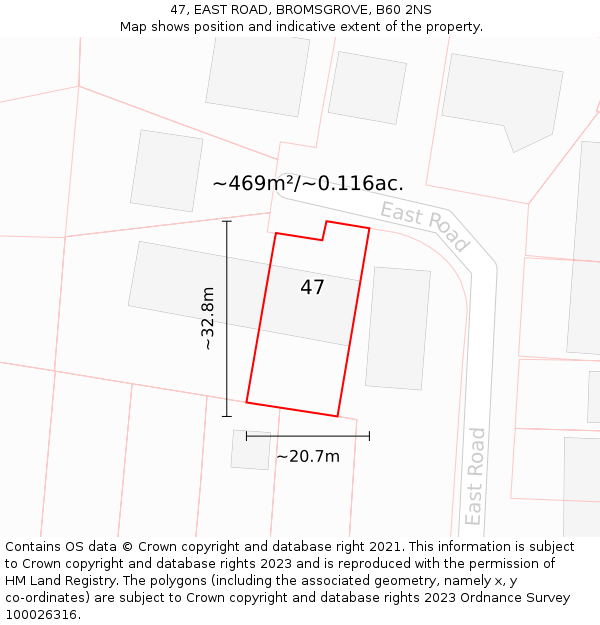 47, EAST ROAD, BROMSGROVE, B60 2NS: Plot and title map