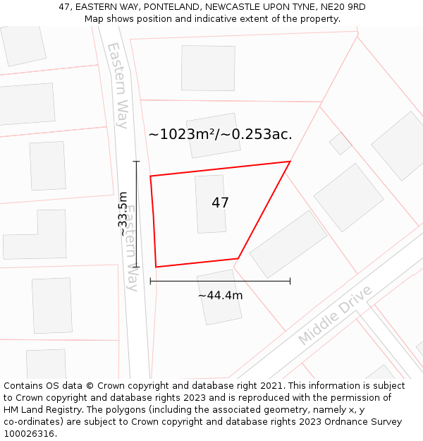 47, EASTERN WAY, PONTELAND, NEWCASTLE UPON TYNE, NE20 9RD: Plot and title map