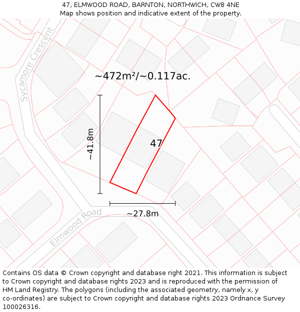 47, ELMWOOD ROAD, BARNTON, NORTHWICH, CW8 4NE: Plot and title map