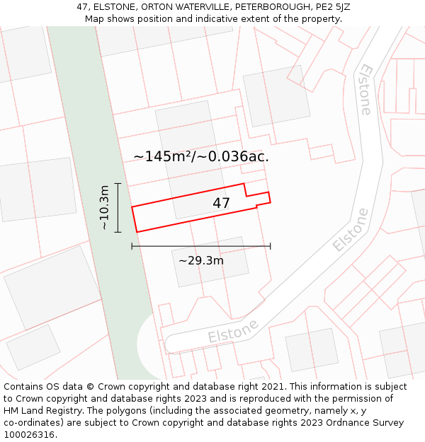 47, ELSTONE, ORTON WATERVILLE, PETERBOROUGH, PE2 5JZ: Plot and title map