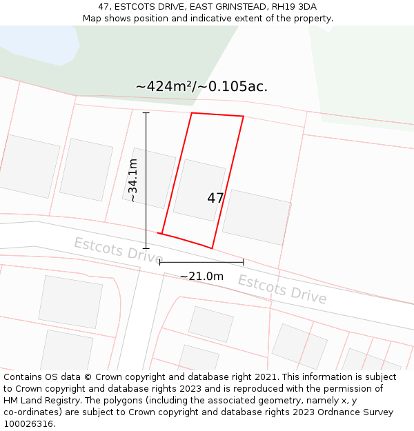 47, ESTCOTS DRIVE, EAST GRINSTEAD, RH19 3DA: Plot and title map