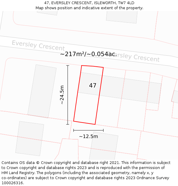 47, EVERSLEY CRESCENT, ISLEWORTH, TW7 4LD: Plot and title map