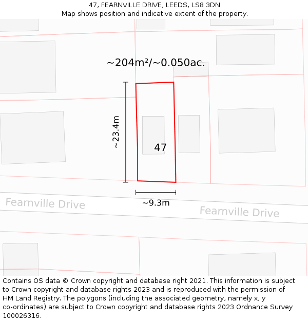 47, FEARNVILLE DRIVE, LEEDS, LS8 3DN: Plot and title map