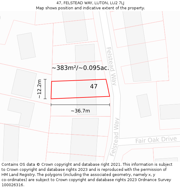 47, FELSTEAD WAY, LUTON, LU2 7LJ: Plot and title map