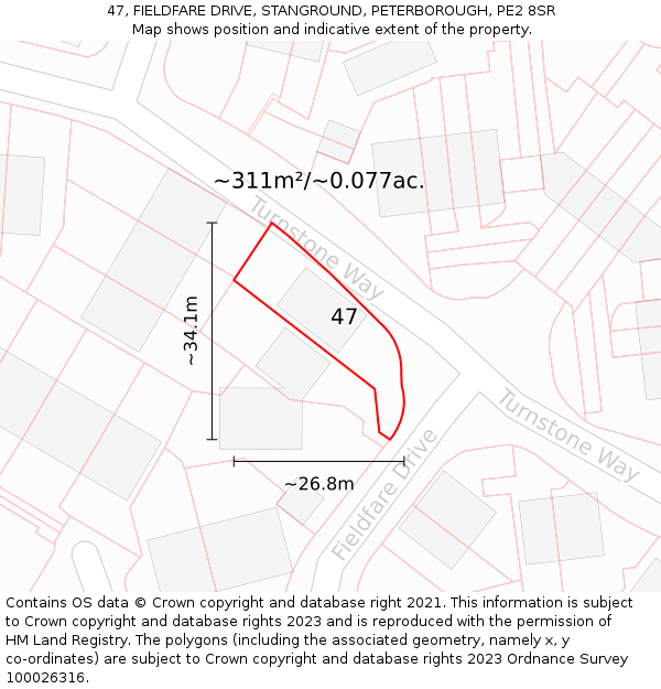 47, FIELDFARE DRIVE, STANGROUND, PETERBOROUGH, PE2 8SR: Plot and title map