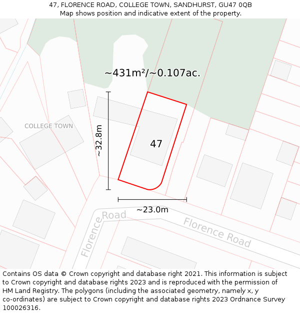 47, FLORENCE ROAD, COLLEGE TOWN, SANDHURST, GU47 0QB: Plot and title map