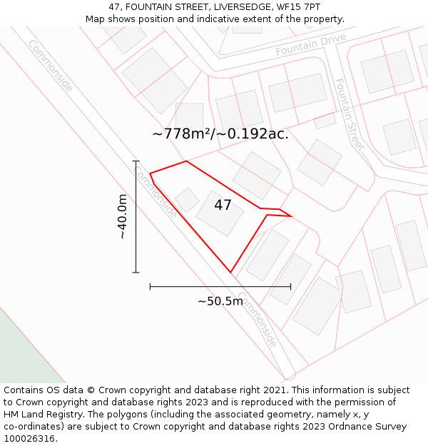 47, FOUNTAIN STREET, LIVERSEDGE, WF15 7PT: Plot and title map