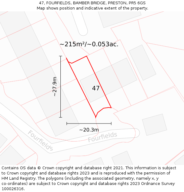 47, FOURFIELDS, BAMBER BRIDGE, PRESTON, PR5 6GS: Plot and title map