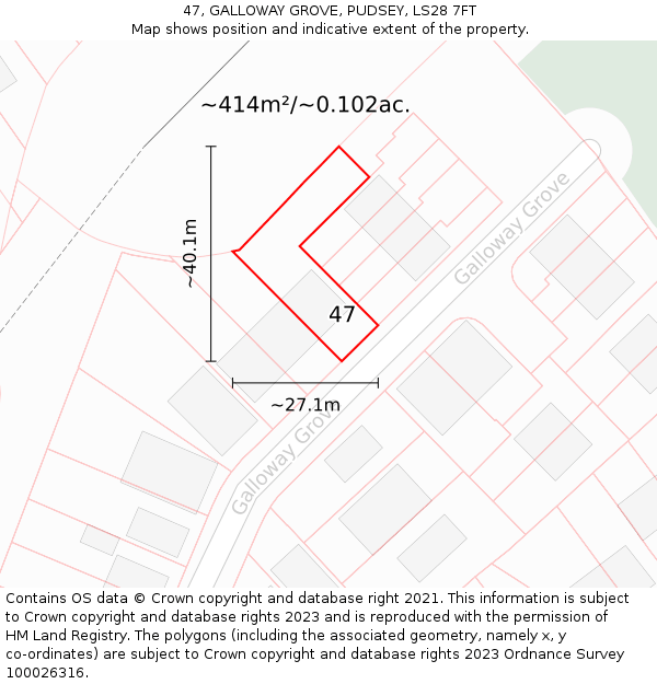 47, GALLOWAY GROVE, PUDSEY, LS28 7FT: Plot and title map