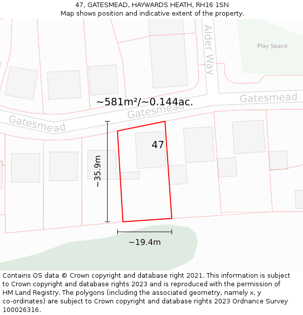 47, GATESMEAD, HAYWARDS HEATH, RH16 1SN: Plot and title map
