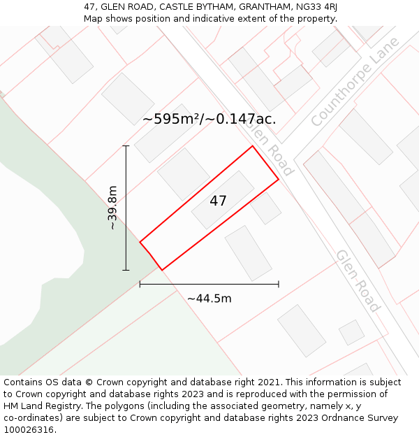 47, GLEN ROAD, CASTLE BYTHAM, GRANTHAM, NG33 4RJ: Plot and title map