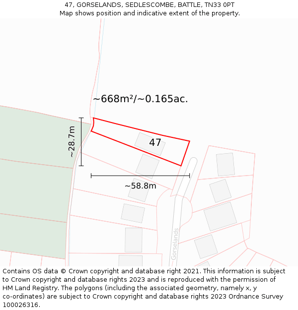 47, GORSELANDS, SEDLESCOMBE, BATTLE, TN33 0PT: Plot and title map