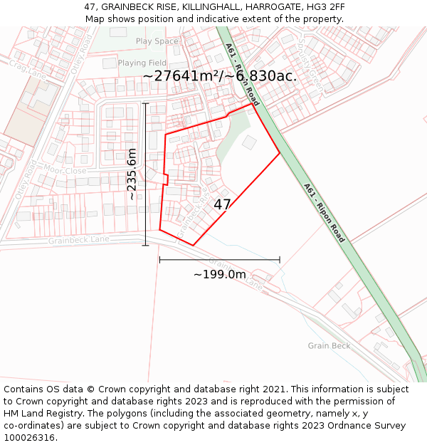 47, GRAINBECK RISE, KILLINGHALL, HARROGATE, HG3 2FF: Plot and title map