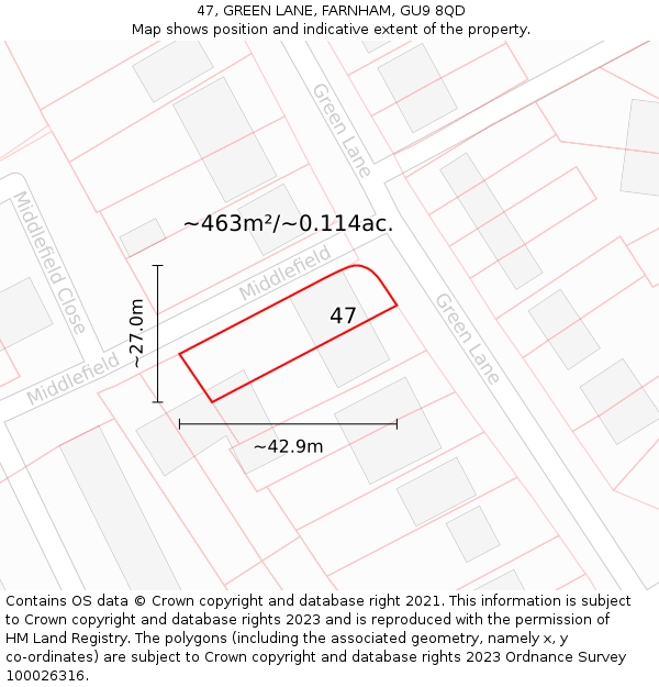 47, GREEN LANE, FARNHAM, GU9 8QD: Plot and title map