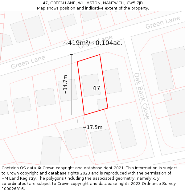 47, GREEN LANE, WILLASTON, NANTWICH, CW5 7JB: Plot and title map