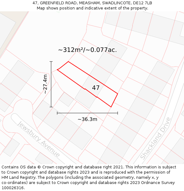 47, GREENFIELD ROAD, MEASHAM, SWADLINCOTE, DE12 7LB: Plot and title map