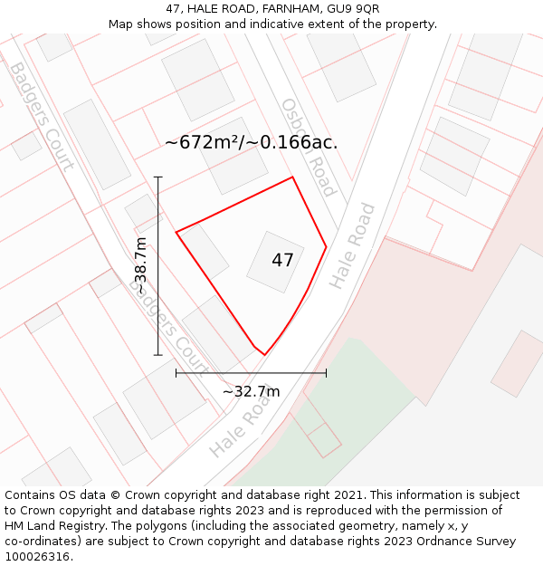 47, HALE ROAD, FARNHAM, GU9 9QR: Plot and title map