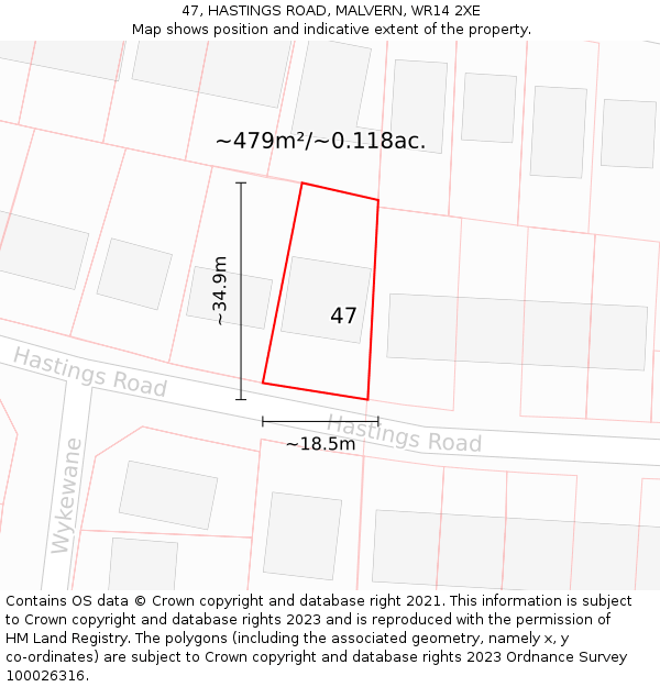 47, HASTINGS ROAD, MALVERN, WR14 2XE: Plot and title map