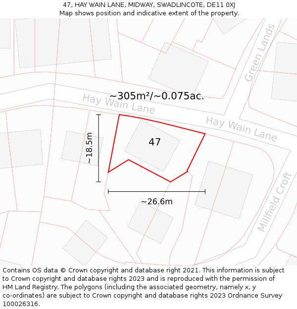 47, HAY WAIN LANE, MIDWAY, SWADLINCOTE, DE11 0XJ: Plot and title map