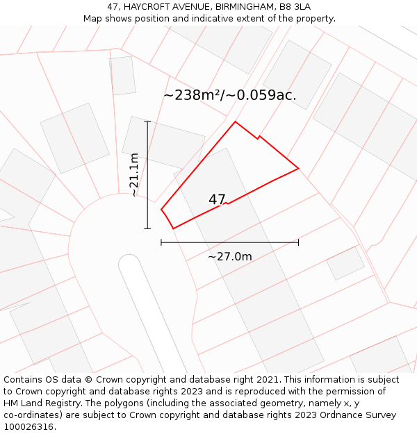 47, HAYCROFT AVENUE, BIRMINGHAM, B8 3LA: Plot and title map