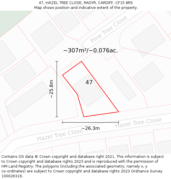 47, HAZEL TREE CLOSE, RADYR, CARDIFF, CF15 8RS: Plot and title map