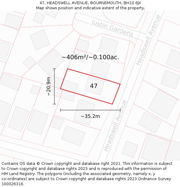 47, HEADSWELL AVENUE, BOURNEMOUTH, BH10 6JX: Plot and title map